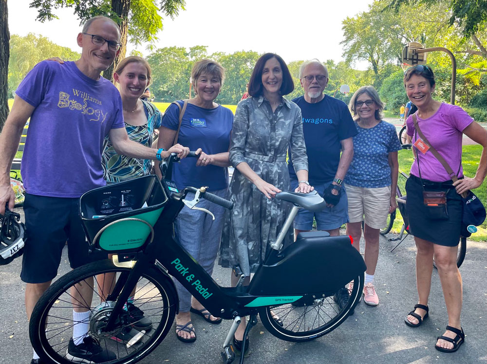 Newton Mayor Ruthanne Fuller with Park & Pedal E-Bike